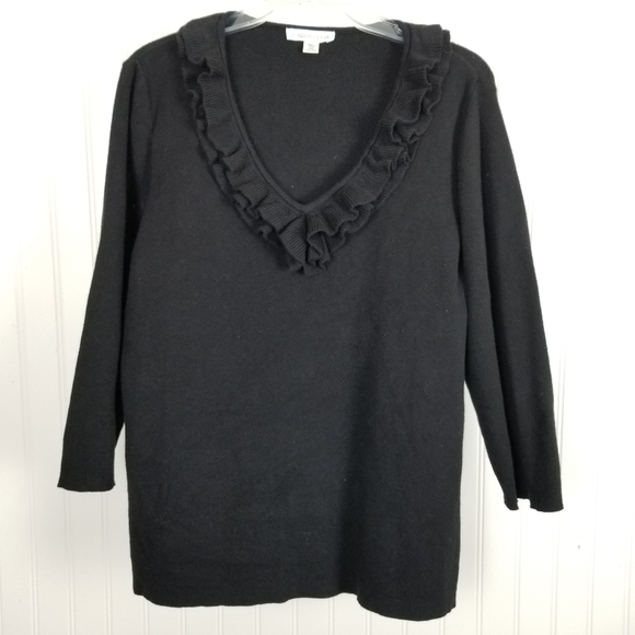 Coldwater Creek Wool Cashmere Sweater Black Ruffle V Neck 3/4 Sleeve 1X Feminine - Picture 6 of 6